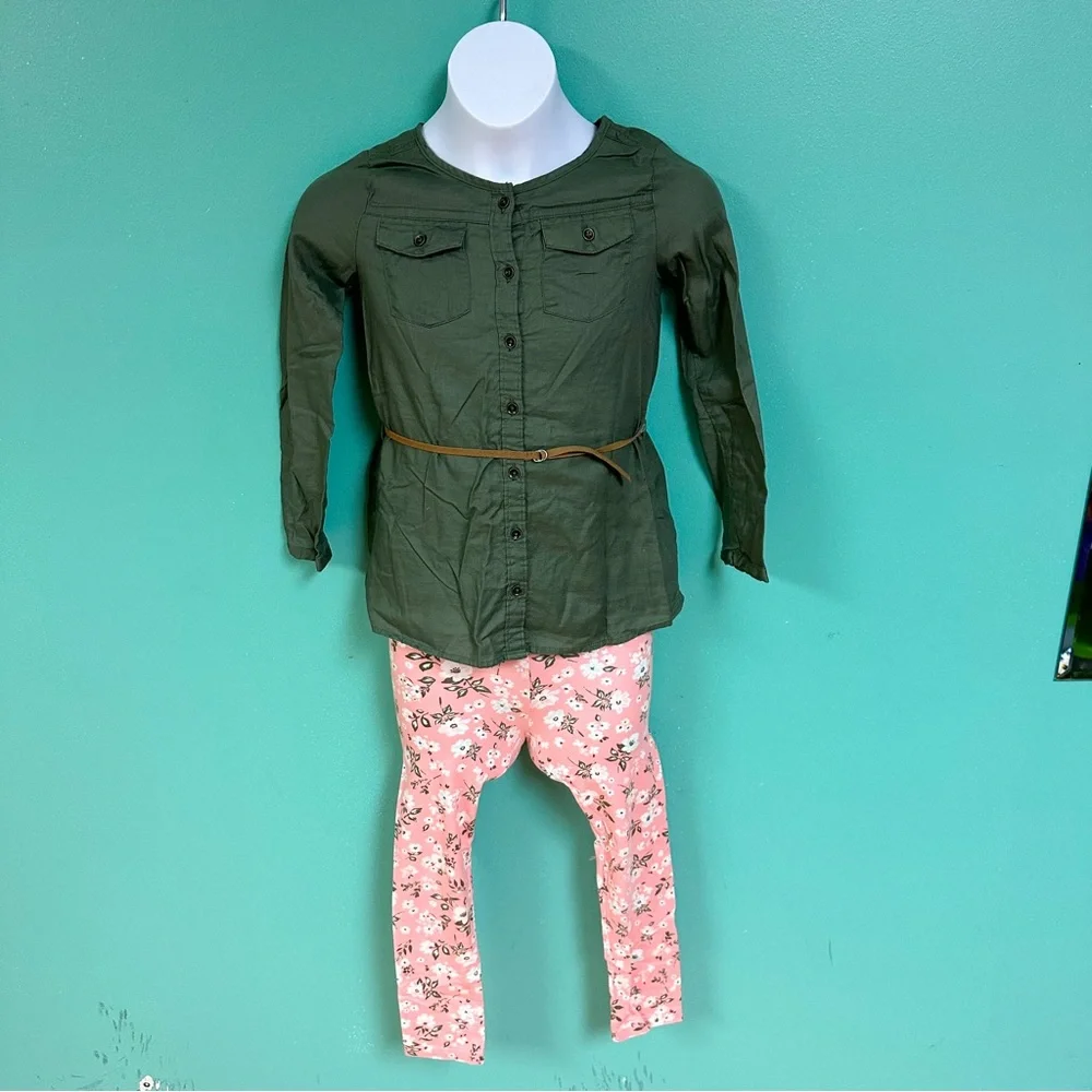 Carters Olive Green & Pink Floral Button Down Top & Leggings Set Girls Size 6X